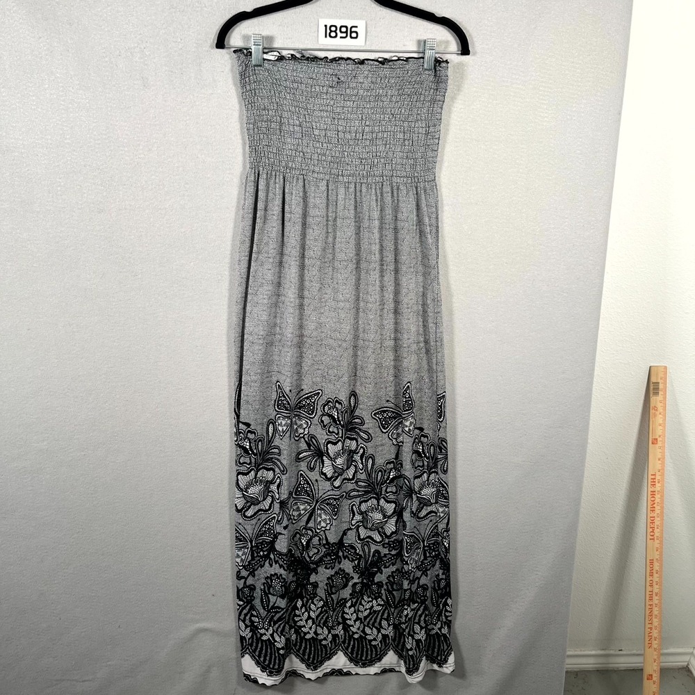 Just Love Gray Strapless Smocked Maxi Dress with Black Floral & Butterfly Trim